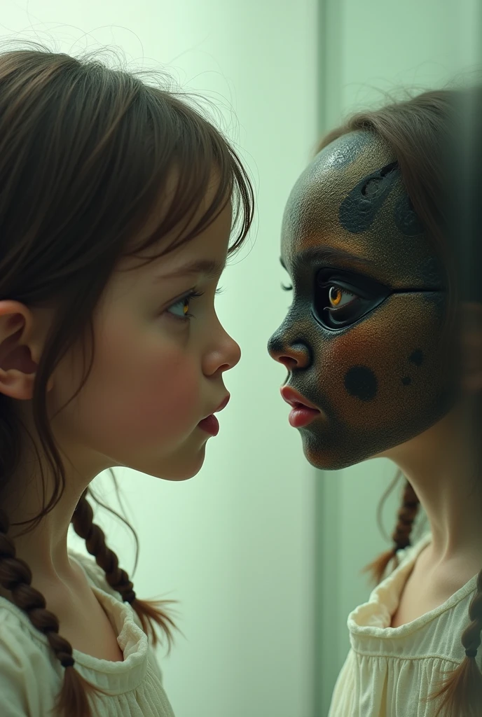 A girl looking at herself in the mirror and her face turned into a beetle and her body is a girl's body in a close up view artistic and real
