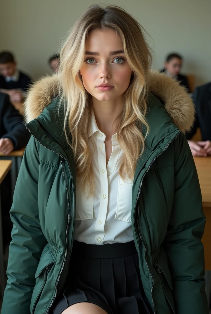 cute English teenage giring a very large dark green tight shiny puffer coat, very thick eyebrows, photorealistic, masterpiece, moncler, fluffy fur hood, , wavy hair, large breasts, open coat, school uniform, very tight white blouse, pleated skirt, heavy makeup, lipstick, dyed blonde hair, chavvy, chav, attitude, pouting, sitting in classroom, dark foundation, very tight clothing