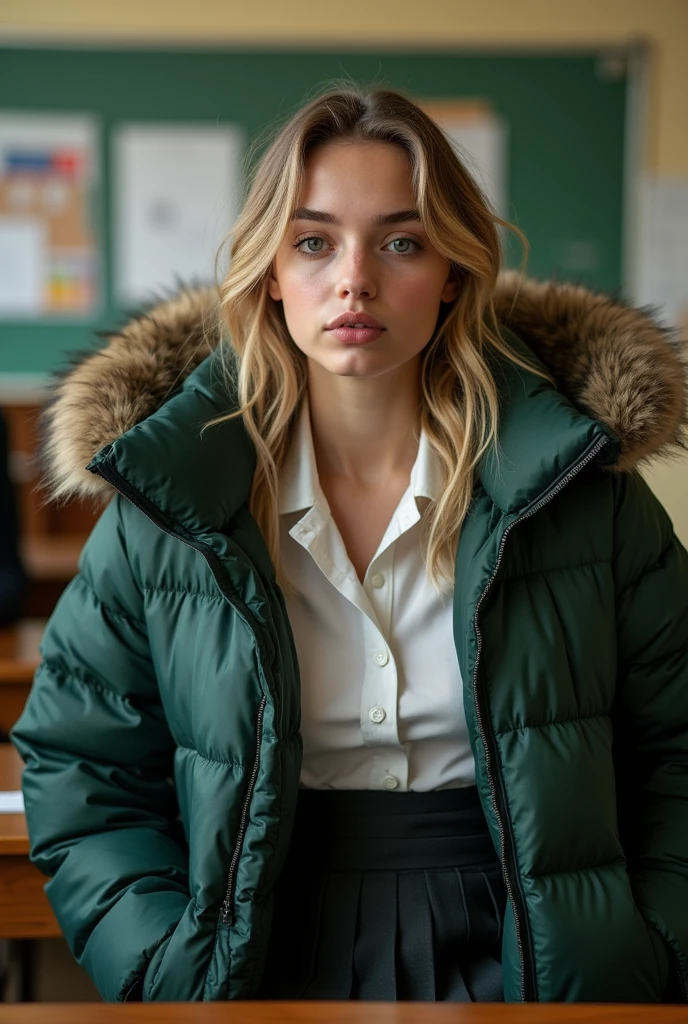 cute 16 year old English teenage girl ,wearing a very large dark green tight shiny puffer coat, very thick eyebrows, photorealistic, masterpiece, moncler, fluffy fur hood, , wavy hair, large breasts, open coat, school uniform, very tight white blouse, pleated skirt, heavy makeup, lipstick, dyed blonde hair, chavvy, chav, attitude, pouting, sitting in classroom, dark foundation, very tight clothing