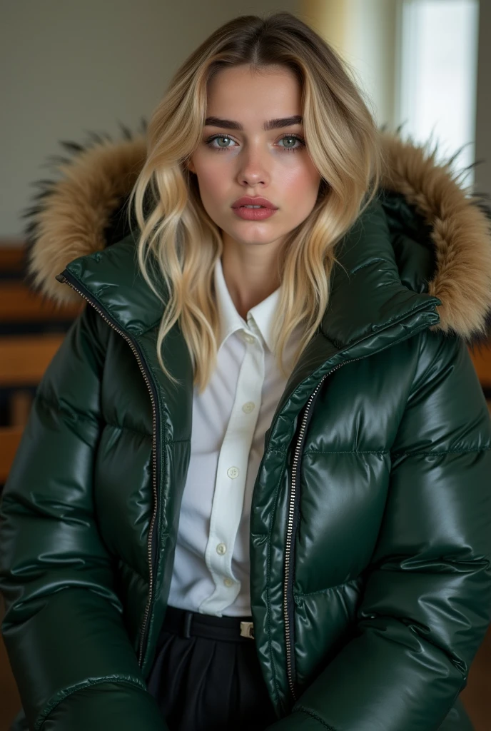 cute 16 year old English age girl ,wearing a very large dark green tight shiny puffer coat, very thick eyebrows, photorealistic, masterpiece, moncler, fluffy fur hood, , wavy hair, large breasts, open coat, school uniform, very tight white blouse, pleated skirt, heavy makeup, lipstick, dyed blonde hair, chavvy, chav, attitude, pouting, sitting in classroom, dark foundation, very tight clothing