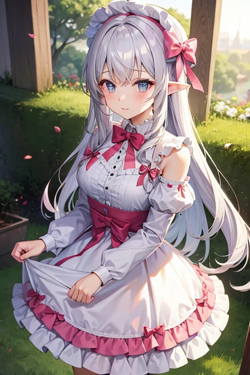 (masterpiece:1.2), (Highest quality:1.2), Perfect Eyes, Perfect Face, Perfect lighting, One girl, Standing with your hands in front of you,Long Hair, Complicated hairstyle,Pink and white silk dress, Frills, ribbon, Puff sleeves, Exposing shoulders, Lace choker, jewelry, peaceful, quiet, Chill,Humanoid pink female squid girl,Elfの王女,White big modern hat,,Elf,ピンクのサイドribbon,腰に大きなピンクのribbon,