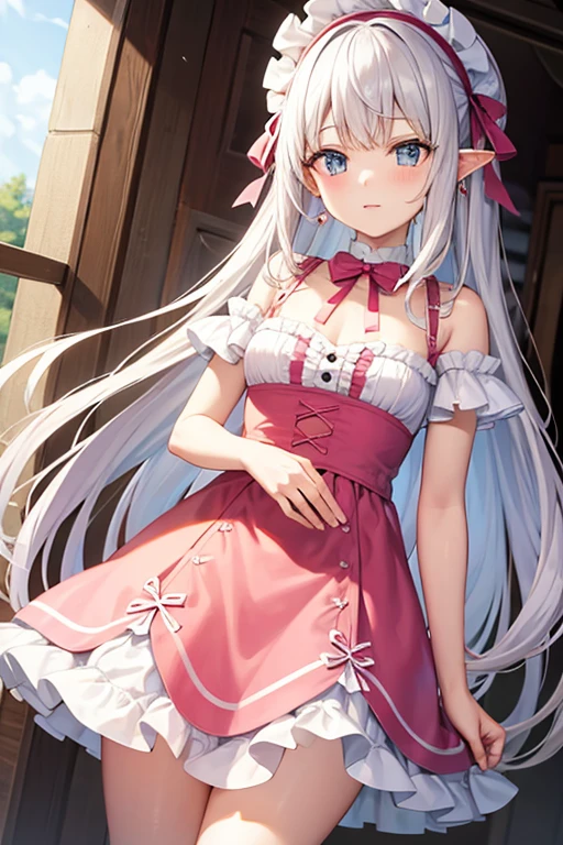 (masterpiece:1.2), (Highest quality:1.2), Perfect Eyes, Perfect Face, Perfect lighting, One girl, Standing with your hands in front of you,Long Hair, Complicated hairstyle,Pink and white silk dress, Frills, ribbon, Puff sleeves, Exposing shoulders, Lace choker, jewelry, peaceful, quiet, Chill,Humanoid pink female squid girl,Elfの王女,White big modern hat,14-year-old girl,Elf,ピンクのサイドribbon,腰に大きなピンクのribbon,
