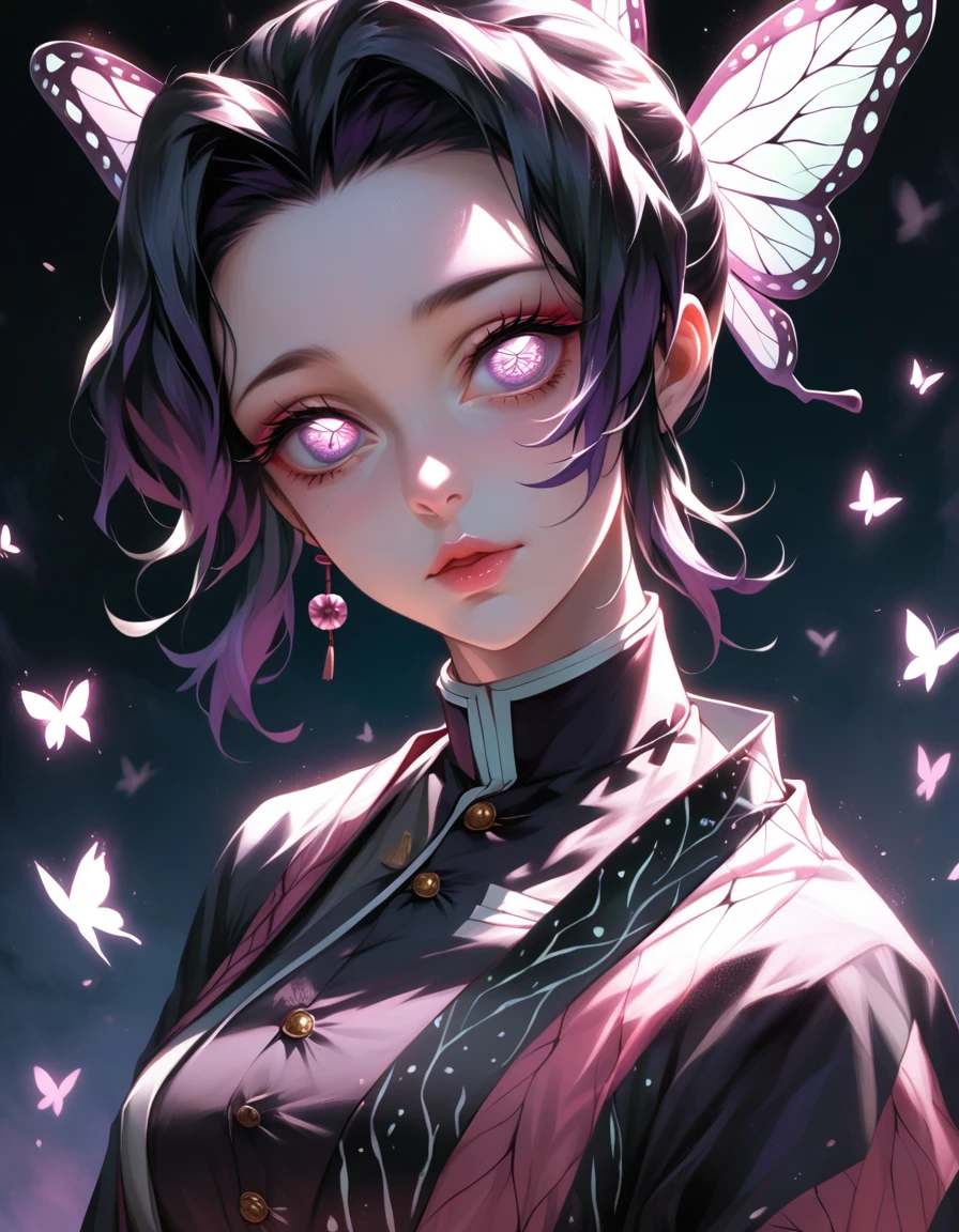 1girl, Shinobu Kochou, demon slayer, Kimetsu no Yaiba, butterfly, detailed butterfly hairpiece, intricate kimono, elegant pose, beautiful detailed eyes, beautiful detailed lips, extremely detailed face and features, glowing butterfly motifs, soft lighting, muted color palette, cinematic composition, digital art, concept art, hyperrealistic, photorealistic, insane detail, masterpiece, best quality, 8k, highres