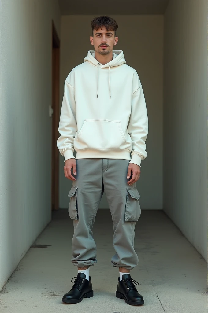 Creat a (freedom fighter Hitler ) photo full-body, 8K resolution, high-definition image of a person styled as a modern fashion influencer. The individual should be wearing black shoes, a white hoodie, and grey cargo pants. The image should have a realistic and contemporary appearance, with the person looking directly at the camera. The photo should also have an analog photography effect to give it a vintage vibe. Note: this emage is a (freedom fighter Hitler)