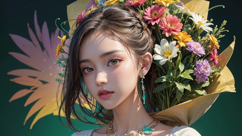 32K, 最高quality, 最高masterpiece, (ultra-Detailed Background, Detailed Background), High resolution, Super detailed, Very detailedな, One girl, (bouquet:1.3), (Tangled:1.2), (Geometric:1.2),(colorful),(masterpiece, quality, best quality, Official Art, Beautiful and beautiful:1.2), (1 girl:1.3), Very detailed,(colorful:1.1)(Flowers:1.3),Most detailed,(Tangled:1.2), whole body, (Abstract background:1.3), (Skin glows), (Many colors:1.4), ,(Earrings Jewelry:1.5), Light green background,