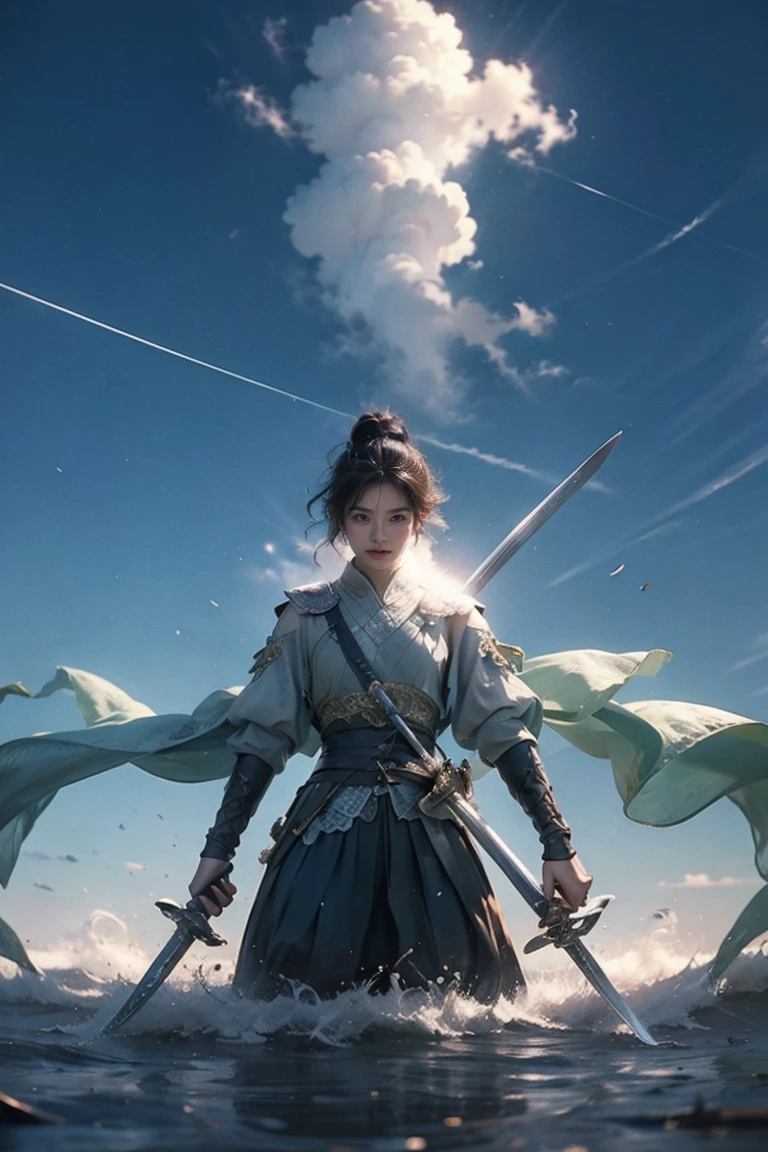 masterpiece，super high quality，a work of art，Perfect composition，1 girl，brandishing a sword in the sun，beautiful girl，Short hair details，Multiple long swords floating，wanjianguizong，jianjue，