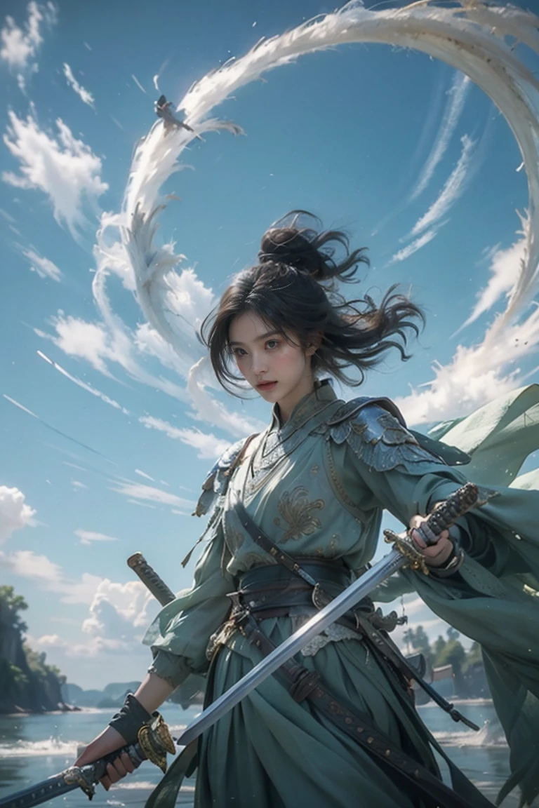 masterpiece，super high quality，a work of art，Perfect composition，1 girl，brandishing a sword in the sun，beautiful girl，Short hair details，Multiple long swords floating，wanjianguizong，jianjue，