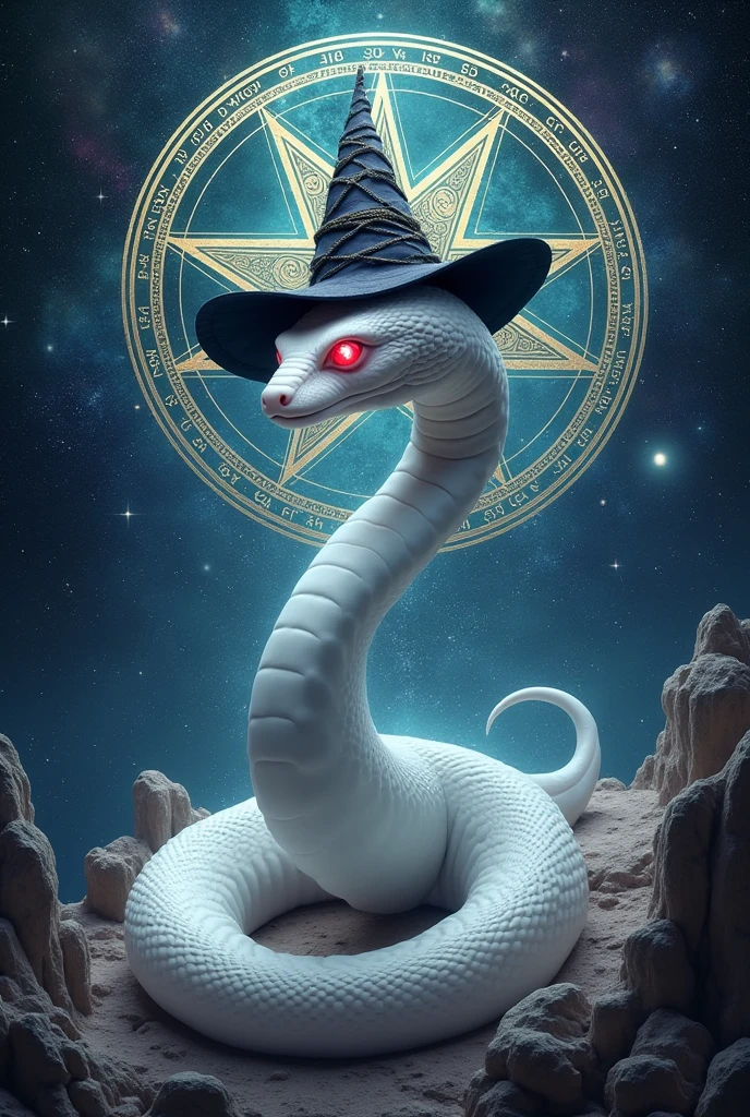 a white snake with a witch's hat, surrounded by symbols of magic and the cosmos, no people, hat, witch's hat, border, animal focus, animal, magic circle, black border, hexagram. ultra-realistic, hyper-detailed, 32k uhd,hyper-detailed,ultra-realistic, 8k,, red eyes, (Background Universe and Galaxy) (Background Magic Galaxy and Magic Universe, A lot of stars in the sky dark), surrounded by symbols of magic  Diagram, Witch Star, Behind snake Big hexagram Background and old vikings writing, witch writhing. 