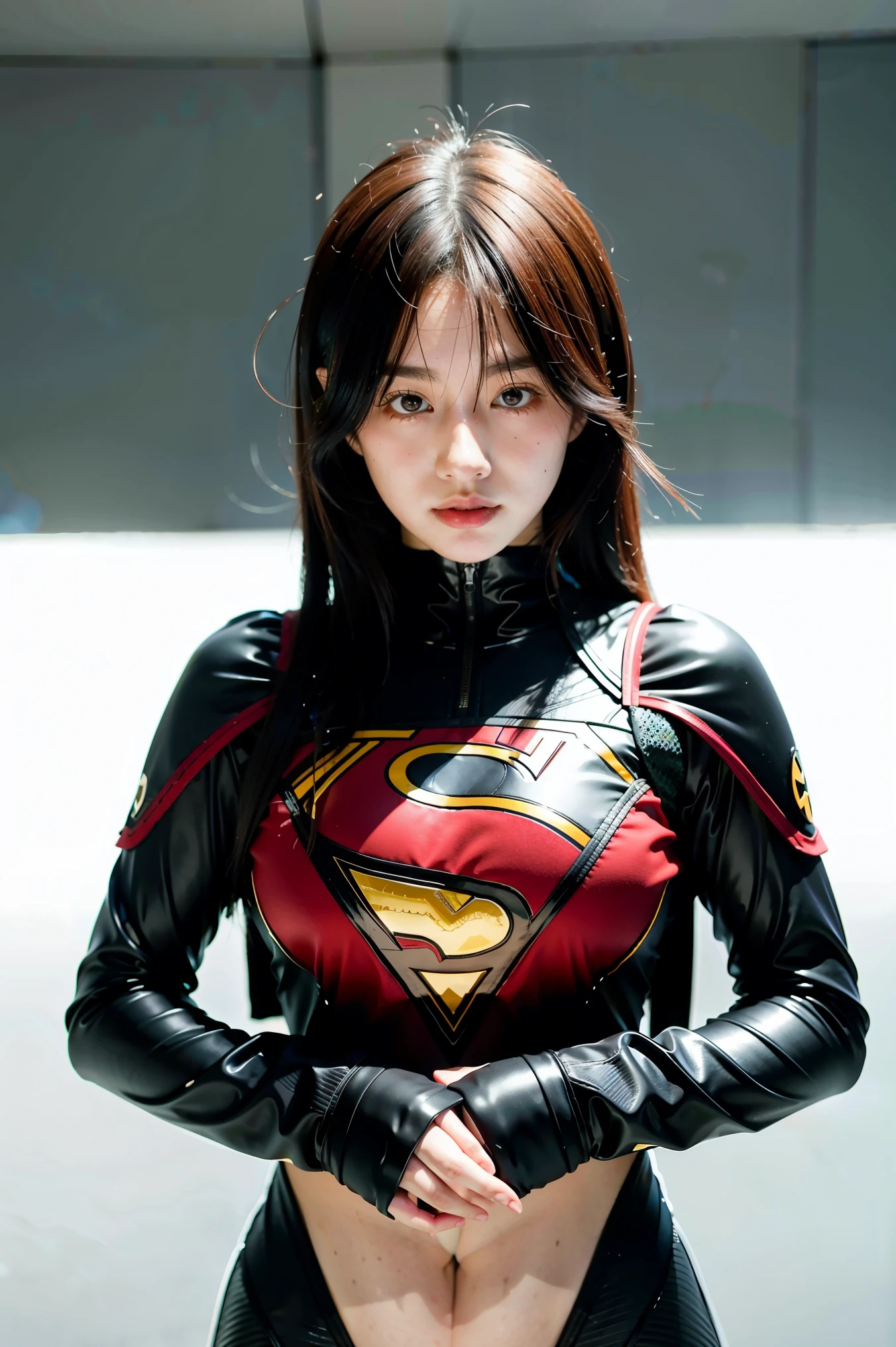 One girl wearing a superhero suit, standing against a white background with perfect skin and a perfect face. The image is in 4K high resolution.