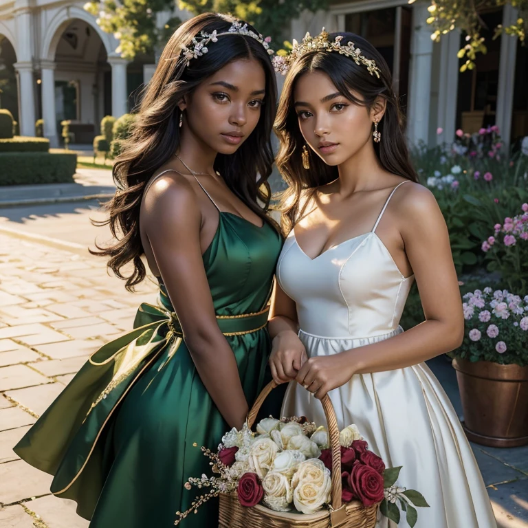 (masterpiece, best quality:1.5), highest quality, High resolution, super detailed, Realists, Upper body photo of an 18 year old black flower girl, dark skin, detailed and beautiful eyes, beautiful detailed lips, very detailed eyes and face, longeyelashes, 18 year old woman in a short dress made of shiny satin fabric, Beautiful and colorful makeup, elegant and noble々Pose,shiny satin headband, grind, Holding flowers, Gardens as background, soft daylight, bright colors, fine brushstrokes, Portrait style, Noble details in the dress fabric, beautiful color palette, glowing skin, First-class rendering, that captures every detail, enchanting atmosphere, subtle shadows and lights, (perfect anatomy:1.2), (The two stunning 18 year old flower girls carry baskets of rose petals. (magnificent panorama view:1.2)