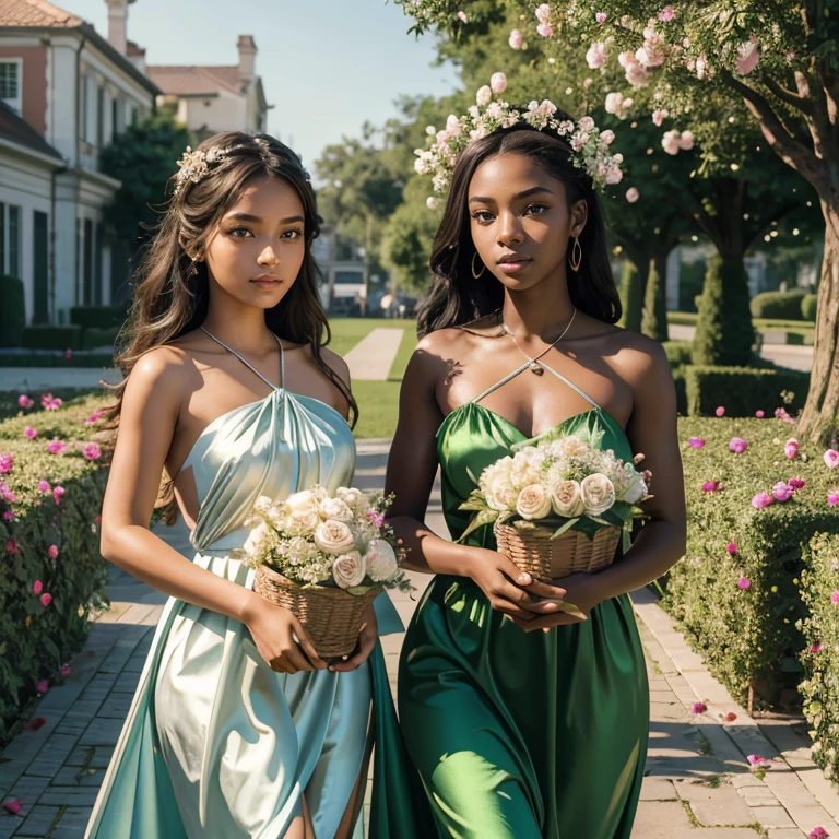 (masterpiece, best quality:1.5), highest quality, High resolution, super detailed, Realists, Upper body photo of an 18 year old black flower girl, dark skin, detailed and beautiful eyes, beautiful detailed lips, very detailed eyes and face, longeyelashes, 18-year-old woman in a green short dress made of shiny satin fabric, Beautiful and colorful makeup, elegant and noble々Pose,shiny satin headband, grind, Holding flowers, Gardens as background, soft daylight, bright colors, fine brushstrokes, Portrait style, Noble details in the dress fabric, beautiful color palette, glowing skin, First-class rendering, that captures every detail, enchanting atmosphere, subtle shadows and lights, (perfect anatomy:1.2), (The two stunning 18-year-old flower girls carry baskets of rose petals. (magnificent panorama view:1.2)