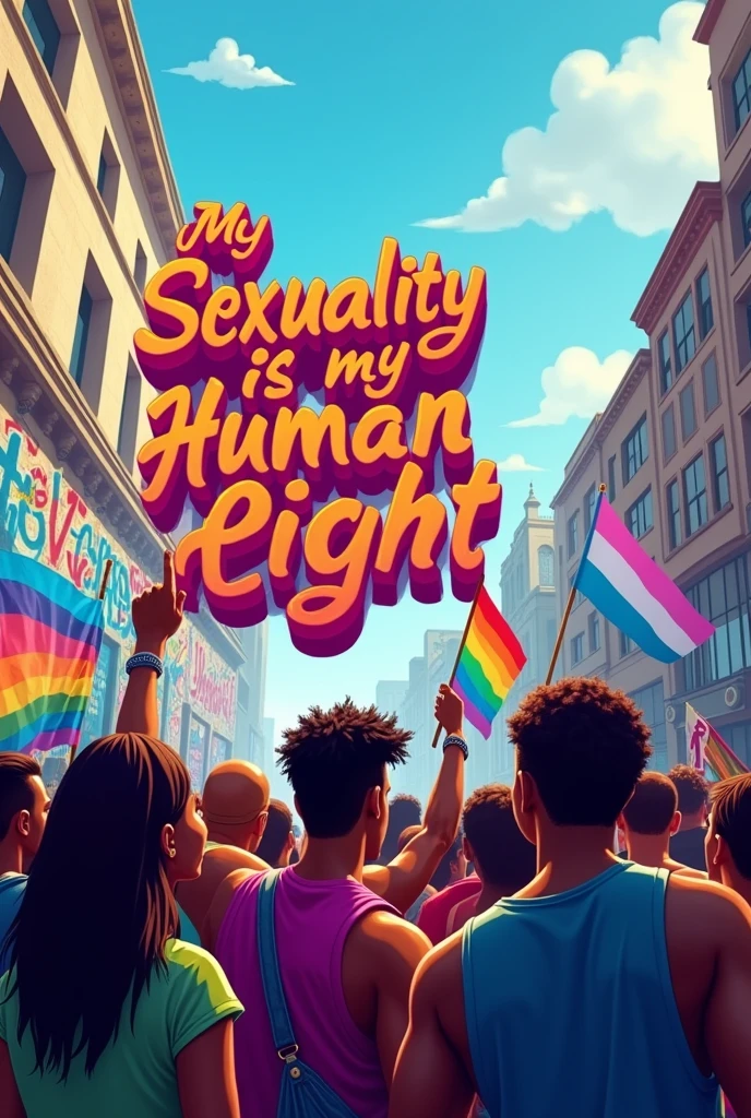 A powerful and striking image of a diverse group of men and women, both Black and white, standing together in solidarity . The vibrant, 3D cursive typography message on the protest banner reads "My Sexuality is my Human Right." Rainbow flags and Transgender flags flutter in the background against a blue sky and city skyline, emphasizing the LGBTQ+ presence. The atmosphere is light and airy filled with pulsating energy, capturing the strength, love, and support that emanates from this inclusive and accepting gathering. The graffiti on the walls around them adds a layer of vibrant color and urban edge, further fueling the sense of unity and activism., vibrant, graffiti's, the style is vector art