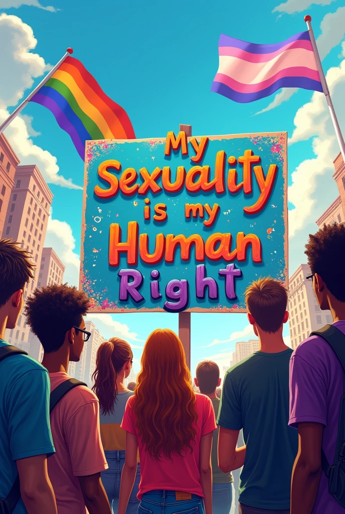 A powerful and striking image of a diverse group of men and women, both Black and white, standing together in solidarity . The vibrant, 3D cursive typography message on the protest banner reads "My Sexuality is my Human Right." Rainbow flags and Transgender flags flutter in the background against a blue sky and city skyline, emphasizing the LGBTQ+ presence. The atmosphere is light and airy filled with pulsating energy, capturing the strength, love, and support that emanates from this inclusive and accepting gathering. The graffiti on the walls around them adds a layer of vibrant color and urban edge, further fueling the sense of unity and activism., vibrant, graffiti's, the style is vector art