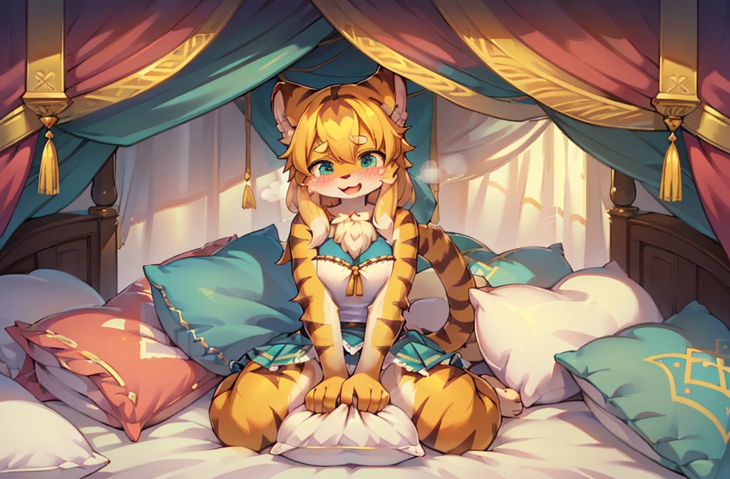 (masterpiece,best quality),mine, The Beast, , (Light and shadow suitable for any Pillow background)), 穿着Cheerleading服的可爱女孩在Pillow上摆姿势,,Cheerleading,nature,, (blush),a smile,Pillow,(Lots of Pillow),Soft cushion,(canopy bed),(Pillow),Lots of Pillow,(Friction in the crotch),((Pillow Hump)),(A tail),(Around the protagonist),steam,(Pillow),(Luxury Pillow),(Palace Pillow Pattern Pillow),(palace),(Palace bedroom),(Gorgeous Pattern Pillow),Soft Pillow,,(Classical European style bedroom ),(excited,shy person,Lack of expressiveness,),pillow hump,,(Deluxe Rococo Canopy King Bed),Luxurious curtains with ornate ruffles and ribbons hang around the large bed.,((((The bed is piled with many Pillows)))),Quilt details,Detailed bed linen,Ruffled Bed Skirt,Deep Bed,Background with depth,((Pillow in detail)), ((((A Lot of Pillow)))),,,Detailed Soft Pillow,,((女孩正躺在许多Soft Pillow上,There are many Pillows around)),、、In a large canopy bed、Soft sheets and quilts、Colorful soft Pillow、Lots of Ruffled Pillows and Ruffled Bed Skirts、Soft toned bed、Ruffled curtains around the bed.。Delicate face,(Gorgeous pattern pillow),Soft pillows,,(Classical European style bedroom ),(excited,Opened his mouth,Shy,),((My)),Lace pantyhose,,tiger ears,tiger tail,,Sweaty,MASTURBATING WITH PILLOW,SITTING