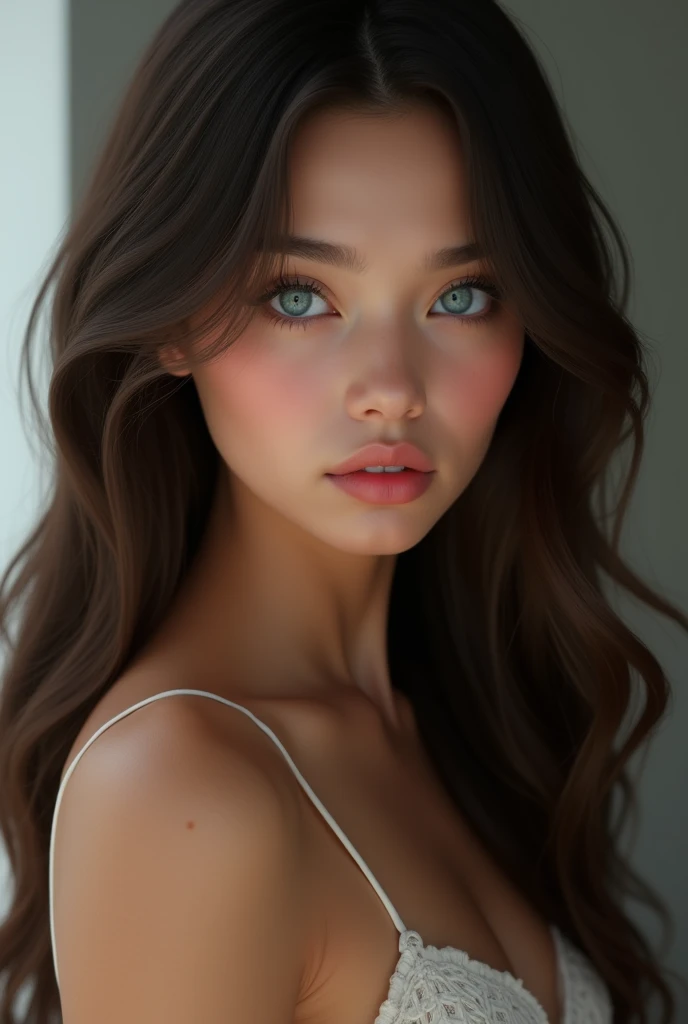 Young woman of 20 years old, brown skin, slim, Intense blue almond eyes, average height 1.65, long dark brown hair.