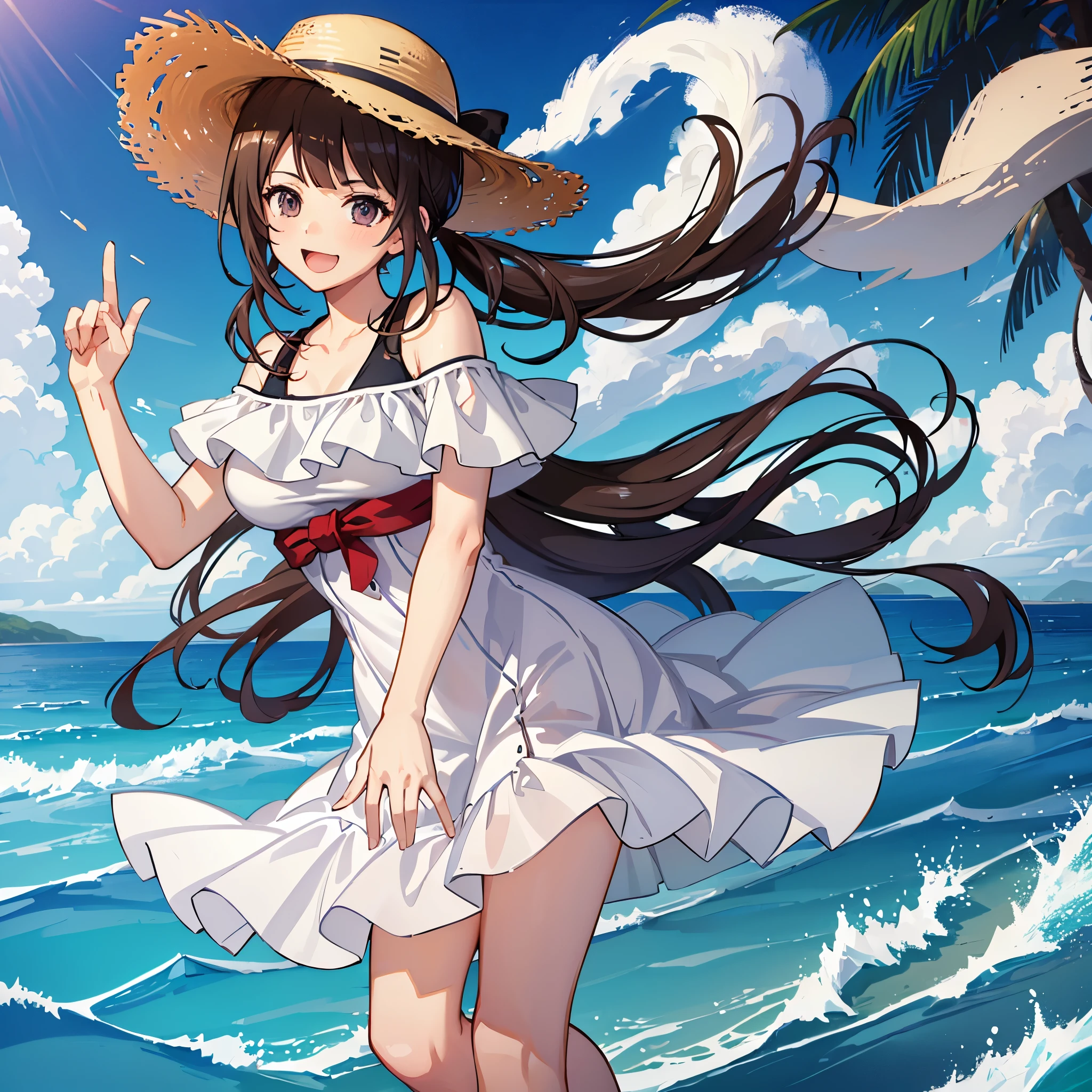 ((Highest quality,masterpiece)),(16K,Ultra-high resolution,Ultra-high resolution,Super detailed),high angle,from front,Okitazawa, a college student, facing the viewer on a summer beach in Japan,pony tails,((黒いoff shoulder dress)),BREAK,White long skirt,open mouth,happy smile,red cheek,Perfect Face, Perfect Eyes,cowboy shot,Anatomically correct body,straw hat,arms behind the back,walking on water,Splashing water effects
