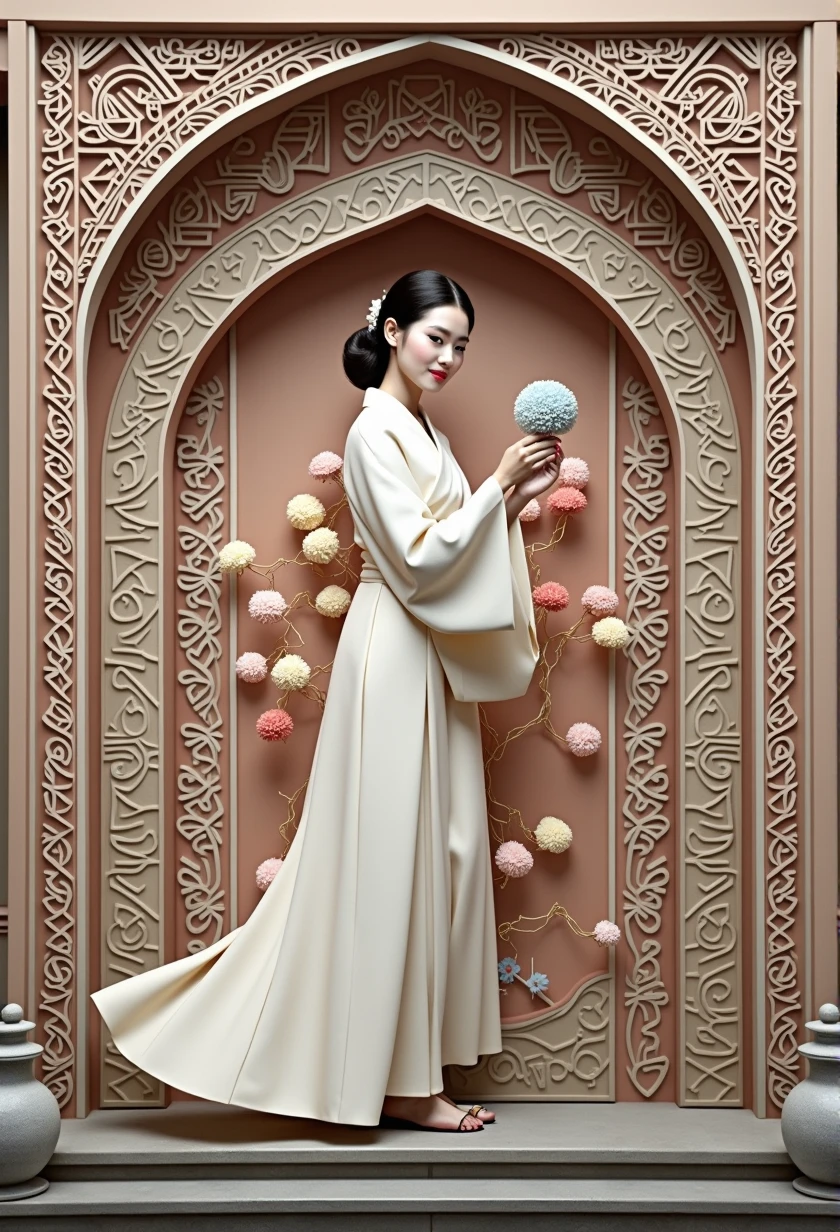 A woman in traditional dress holds a flower ball,Show off your flower ball skills。