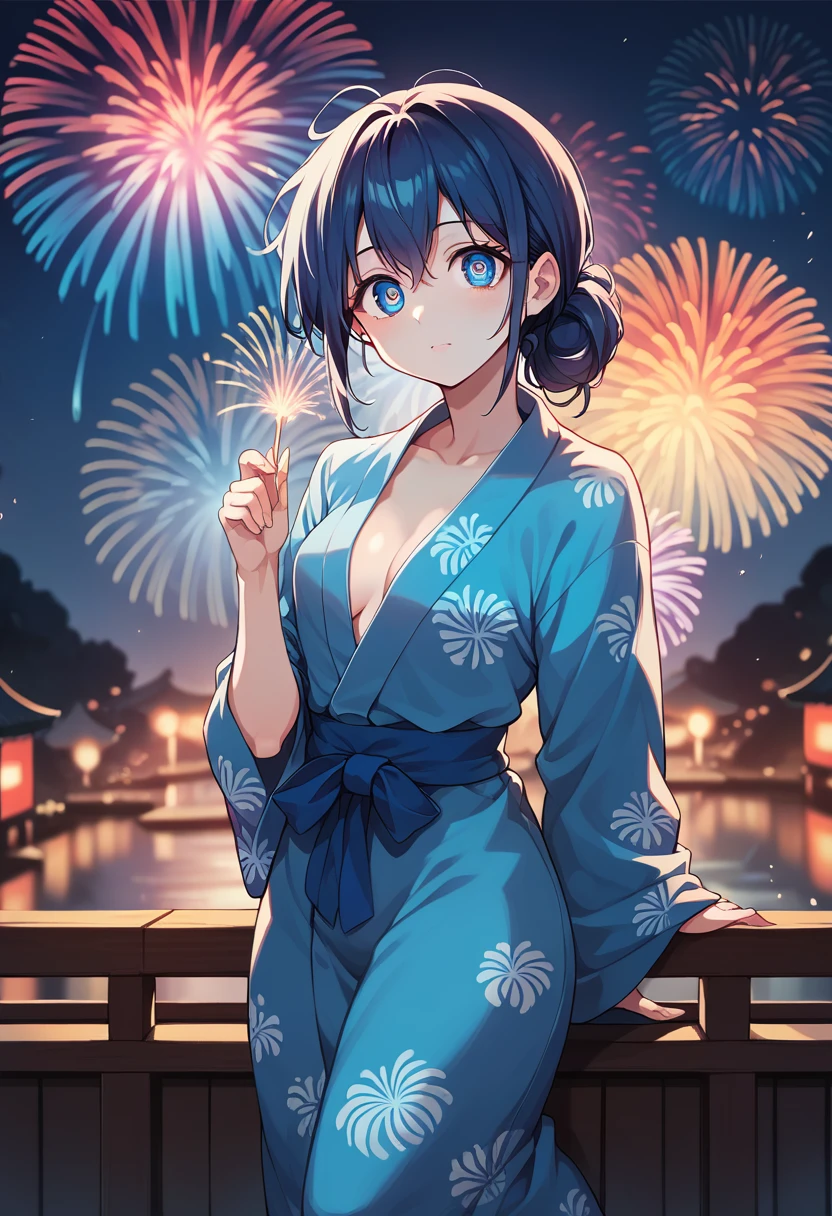 ((masterpiece, top quality, super definition, high definition)), solo, beautiful girl, shining eyes, perfect eyes, 16 years old, blue theme, yukata, fireworks