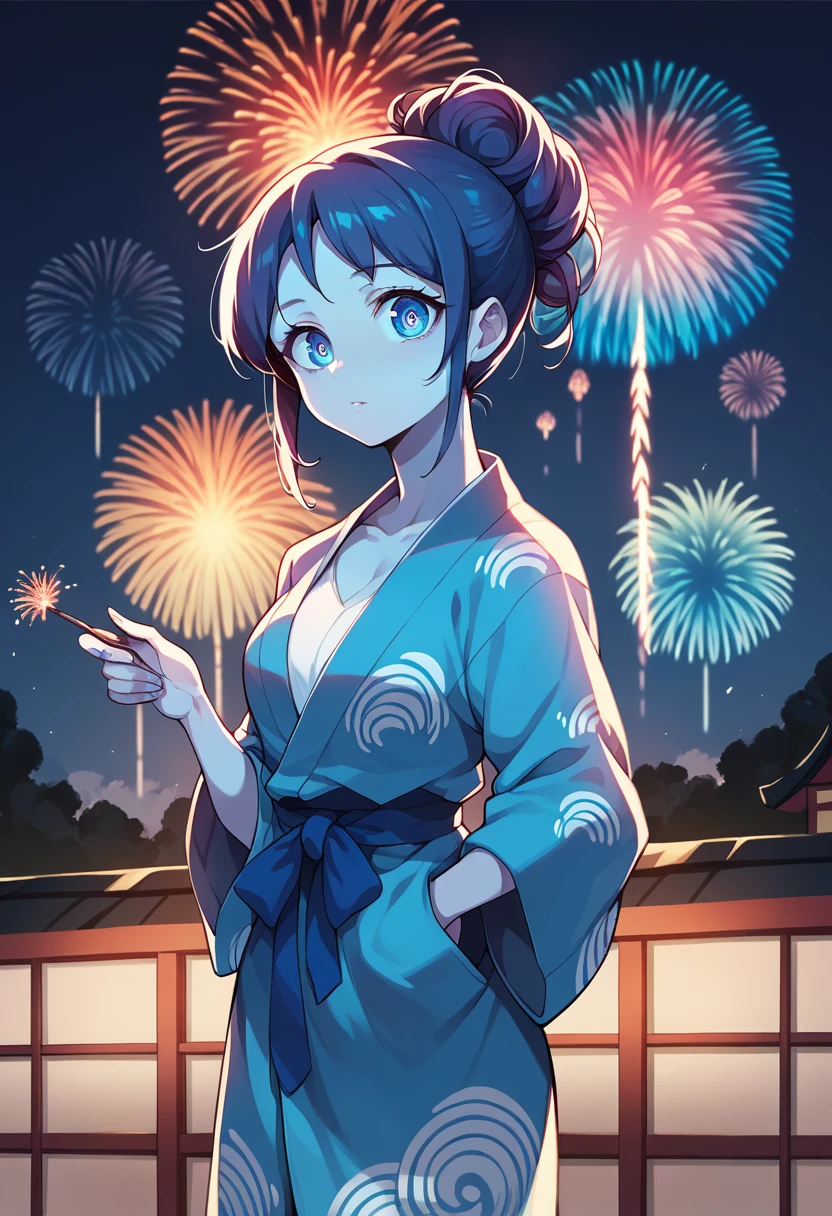 ((masterpiece, top quality, super definition, high definition)), solo, beautiful girl, shining eyes, perfect eyes, ************, blue theme, yukata, fireworks