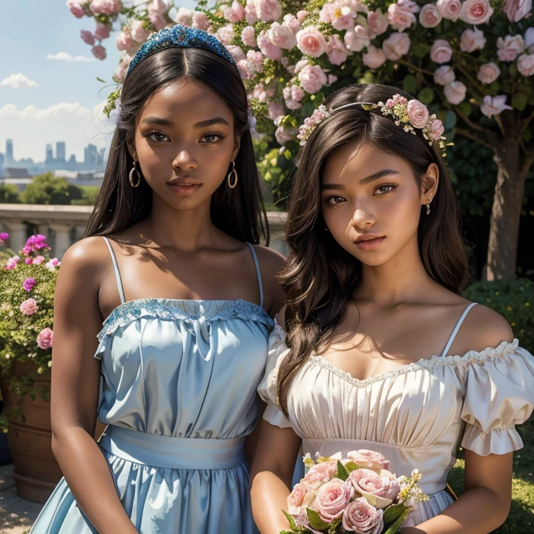 (masterpiece, best quality:1.5), highest quality, High resolution, super detailed, Realists, Upper body photo of an 18 year old black flower girl, dark skin, detailed and beautiful eyes, beautiful detailed lips, very detailed eyes and face, longeyelashes, 18-year-old woman in a short dress made of shiny satin fabric with floral pattern, Beautiful and colorful makeup, elegant and noble々Pose,shiny satin headband, grind, Holding flowers, Gardens as background, soft daylight, bright colors, fine brushstrokes, Portrait style, Noble details in the dress fabric, beautiful color palette, glowing skin, First-class rendering, that captures every detail, enchanting atmosphere, subtle shadows and lights, (perfect anatomy:1.2), (The two stunning 18-year-old flower girls carry baskets of rose petals. (magnificent panorama view:1.2)