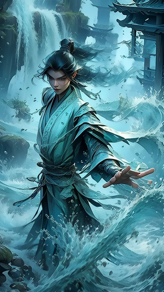 best quality,masterpiece,Ultra-high resolution,(truthfully:1:0),fall,Handsome and dashing Chinese boy,Long hair single ponytail,Wearing fairy clothes,在fall下岸邊,Wudong Tai Chi,