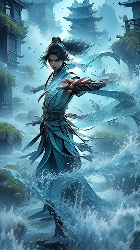 best quality,masterpiece,Ultra-high resolution,(truthfully:1：0),fall,Handsome and dashing Chinese boy,Long hair single ponytail,Wearing fairy clothes,在fall下岸邊,Wudong Tai Chi,