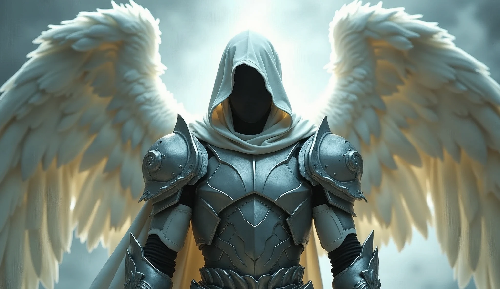 A faceless male archangel wearing a white light hood and wings with sturdy armor.
