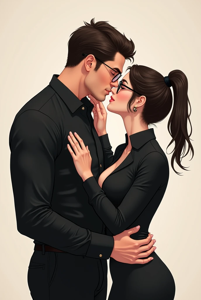 Image of cute couple boy is tall and masculine and girl is cute and wear specteles both are wearing black clothes and they are kissing each other on lips and girl is doing ponytail and hand is on girl waist and one on her face