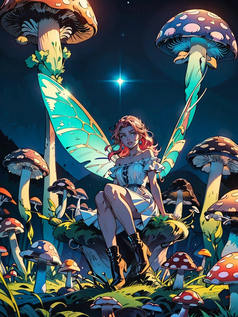 a picture of an exquisite beautiful female fairy sitting on a (Bioluminescent Mushroom: 1.4)  under the starry night sky at the forest, dynamic angle (ultra detailed, Masterpiece, best quality), ultra detailed face (ultra detailed, Masterpiece, best quality), ultra feminine, fare skin, pink hair, wavy hair, dynamic eyes color, glowing eyes, intense eyes, red lips, wearing white dress, elegant silk dress (ultra detailed, Masterpiece, best quality), butterfly wings (ultra detailed, Masterpiece, best quality), wearing high heeled boots, phosphorous glowing  Bioluminescent Mushroom, sky full of stars background, moon, beat details, best quality, 8k, [ultra detailed], masterpiece, best quality, (ultra detailed), full body, ultra wide shot, photorealism, fantasy art, gl0w1ngR,