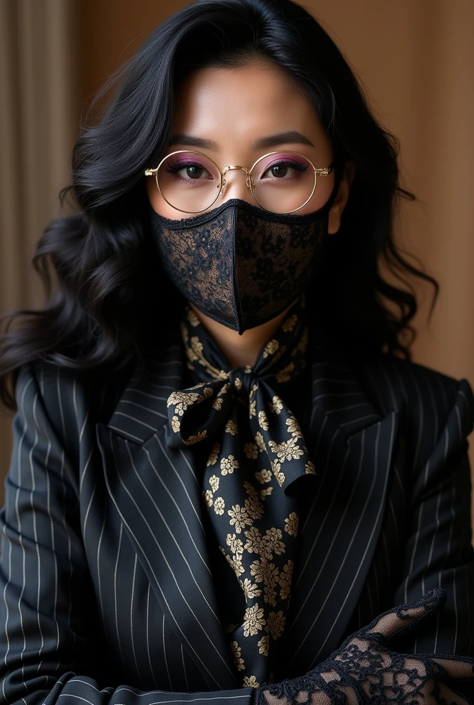 With long, curly black hair、Heavy makeup and purple eyeshadow、Around her neck she wears a ribbon-shaped satin black and gold patterned scarf.、Wearing gold-rimmed glasses、Wearing long gloves made of black floral lace、A Japanese woman in her 40s wearing a black striped suit、Wearing a lacy black face mask