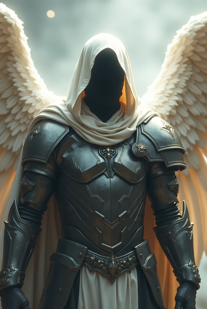 A faceless male archangel wearing a white light hood and wings with sturdy armor.