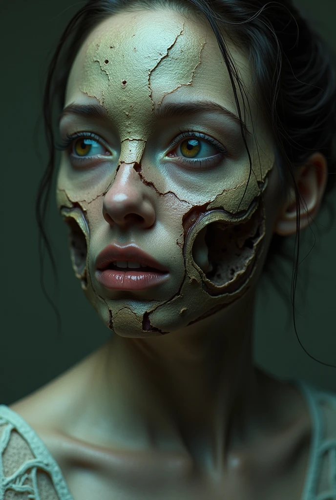 A 28 age years old girl looking at herself in the mirror and her face turned into a beetle and her body is a girl's body in a close up view artistic and realistic