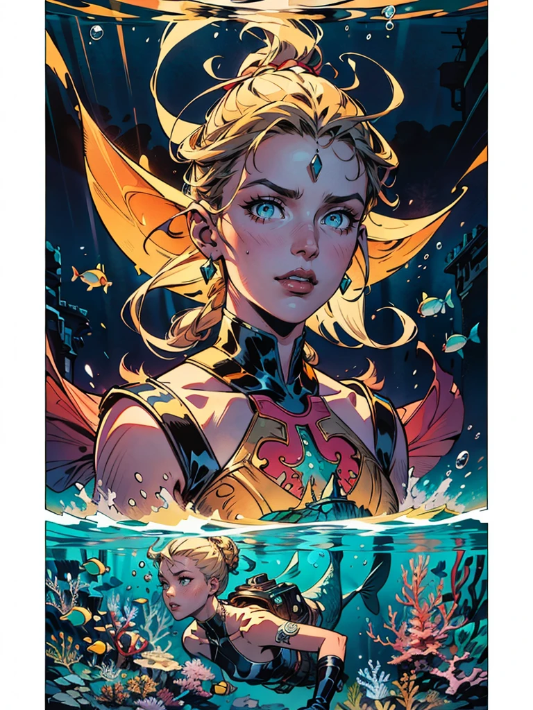tmasterpiece,((castle in distance:1.4,)),Fantastic underwater city。(Queen of mermaids under the sea,Golden hair,The coral reef is worn on his head,Beautiful bright eyes),surrounded with fishes, Lots of fish,Schools of fish swam towards her,the reef,airbubble,Underwater construction,dan mumford tom bagshaw, jen bartel, Fantasy art Behance, mohrbacher, Fantasy art style, Detailed fantasy illustration, A beautiful artwork illustration, fantasy art illustration, style of peter mohrbacher, peter mohrbacher'',Official artistic aesthetics,