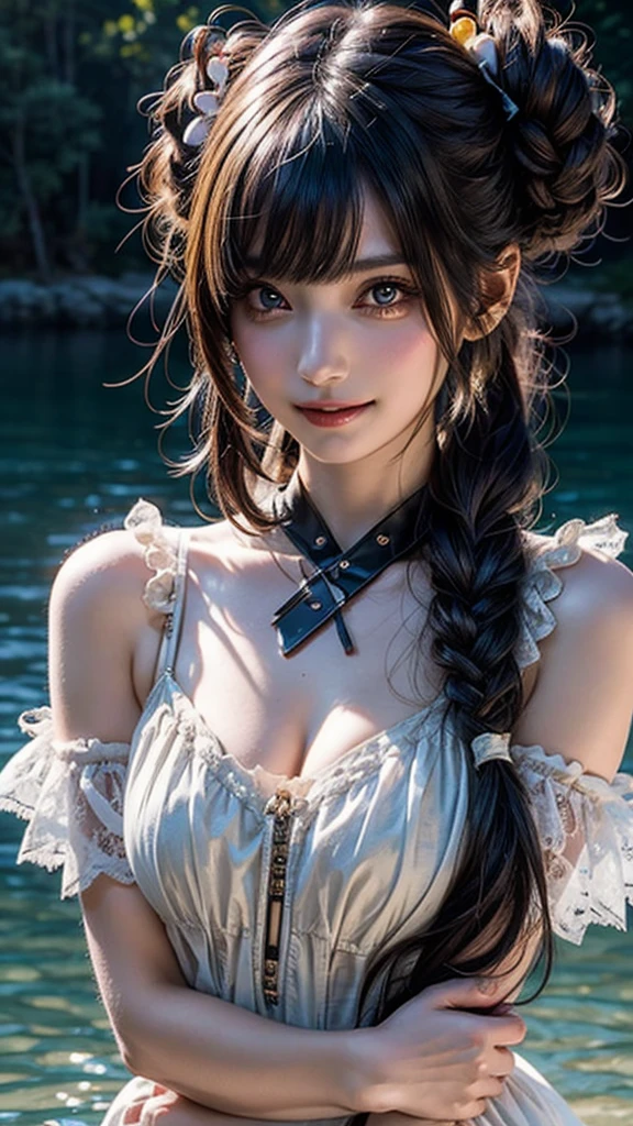 ((Beautiful Face:1.4)), (Purelos Face_v1: 1.0), Half Body,((White simple background)),One girl, alone, hair ornaments, Green Hair, Twin tails, Long Hair, dress, water,, Mid shot portrait photography (Farzan) From Genshin Impact,, Dark Fantasy Background, Charming grin., By Greg Rutkowski and Walt Disney、Extremely realistic, highly detailed and intricate photorealistic analog style photos。Eyes sharply focused, Cinema Lighting,, , ,超High resolution, High resolution, 8k ,