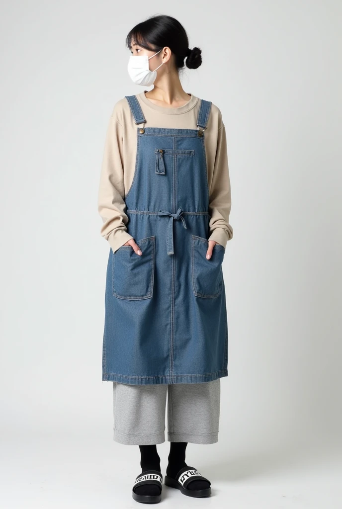 woman 44 years old Hairstyle: Shoulder-length bun White Mask Beige long sleeve T-shirt Denim patchwork apron Grey jersey pants Socks are black The shoes are black Benassi-style sandals with white lettering. White skin color Japanese
