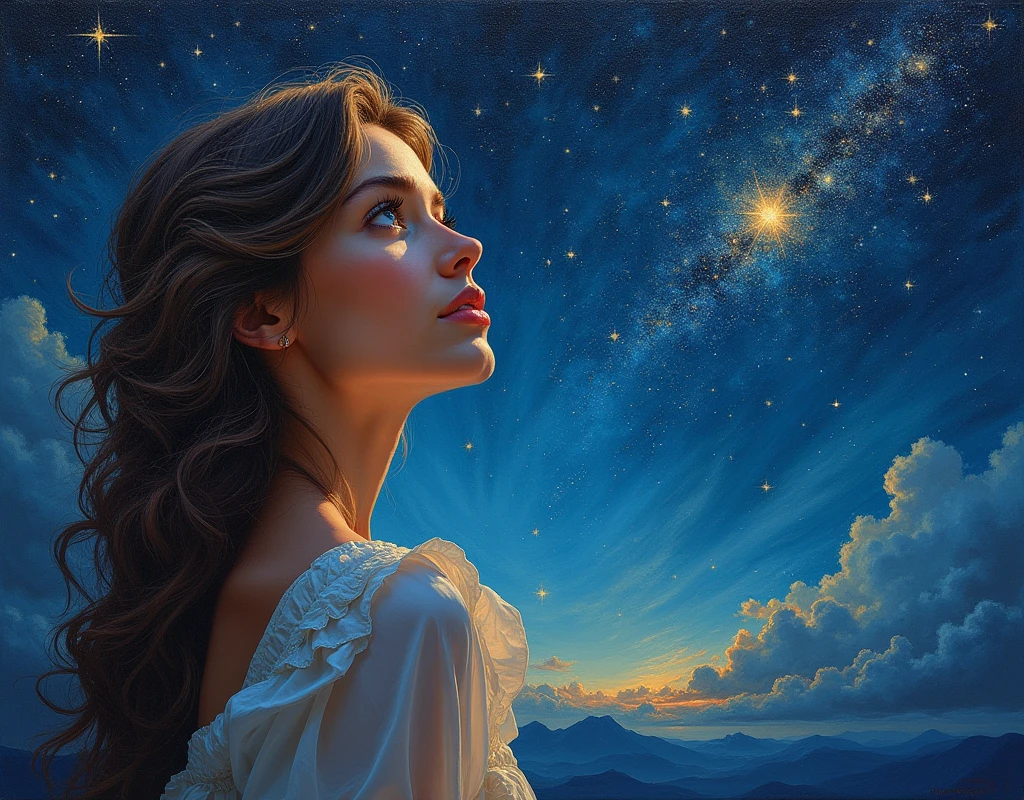 an oil painting of a young woman eyes as she is looking into the infinite stars in the night sky the stars are reflected in her eyes, a beautiful mature woman, dynamic hair color, dynamic skin complexion, wearing dynamic dress, looking into the stars, the stars are reflected in her eyes, night sky, many, many shining stars, various colors stars,  vibrant, Ultra-high resolution, High Contrast, (masterpiece:1.5), highest quality, Best aesthetics), best details, best quality, highres, 16k, [ultra detailed], masterpiece, best quality, (extremely detailed)