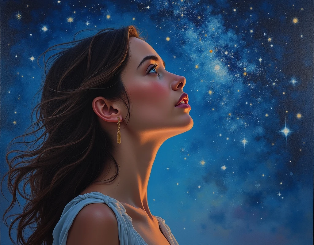 an oil painting of a young woman eyes as she is looking into the infinite stars in the night sky the stars are reflected in her eyes, a beautiful mature woman, dynamic hair color, dynamic skin complexion, wearing dynamic dress, looking into the stars, the stars are reflected in her eyes, night sky, many, many shining stars, various colors stars,  vibrant, Ultra-high resolution, High Contrast, (masterpiece:1.5), highest quality, Best aesthetics), best details, best quality, highres, 16k, [ultra detailed], masterpiece, best quality, (extremely detailed)