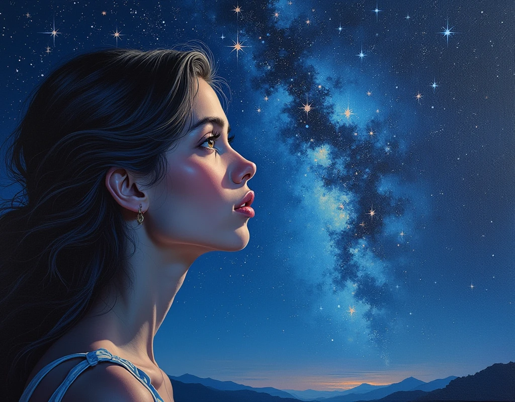 an oil painting of a young woman eyes as she is looking into the infinite stars in the night sky the stars are reflected in her eyes, a beautiful mature woman, dynamic hair color, dynamic skin complexion, wearing dynamic dress, looking into the stars, the stars are reflected in her eyes, night sky, many, many shining stars, various colors stars,  vibrant, Ultra-high resolution, High Contrast, (masterpiece:1.5), highest quality, Best aesthetics), best details, best quality, highres, 16k, [ultra detailed], masterpiece, best quality, (extremely detailed)