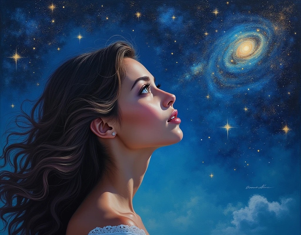 an oil painting of a young woman eyes as she is looking into the infinite stars in the night sky the stars are reflected in her eyes, a beautiful mature woman, dynamic hair color, dynamic skin complexion, wearing dynamic dress, looking into the stars, the stars are reflected in her eyes, night sky, many, many shining stars, various colors stars,  vibrant, Ultra-high resolution, High Contrast, (masterpiece:1.5), highest quality, Best aesthetics), best details, best quality, highres, 16k, [ultra detailed], masterpiece, best quality, (extremely detailed)