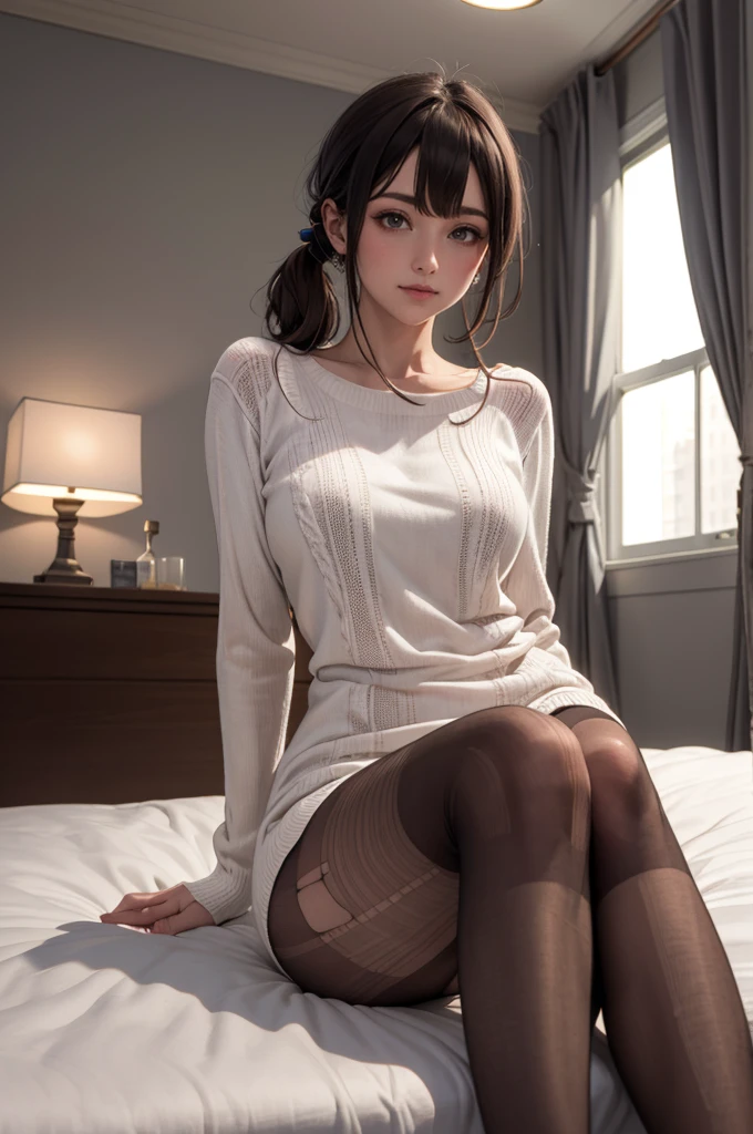 masterpiece, best quality, Practical, 8K, Official Art, Movie Lighting, Ultra-high resolution, 1 girl, White sweater dress, Broken pantyhose, sit, on the bed, bedroom, Sunlight, Looking at the audience, 