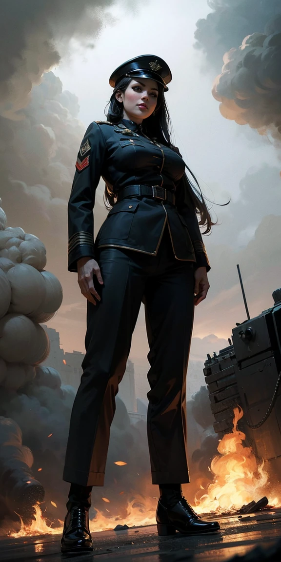 Symmetrical full-body portrait of a woman standing at a low angle, From below, Grim expression、Hands clasped behind back, Large Breasts、Long Hair、Partly torn military uniform、Military hat、soldier、war、The background is a burning battlefield