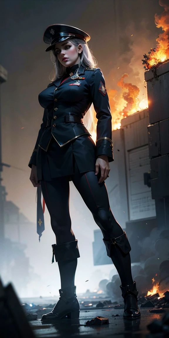 Symmetrical full-body portrait of a woman standing at a low angle, From below, Grim expression、Hands clasped behind back, Large Breasts、Long Hair、Partly torn military uniform、Military hat、soldier、war、The background is a burning battlefield