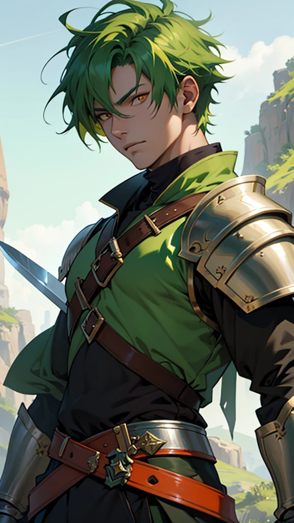 A 22 year old fantasy anime style man with orange eyes and short very wild tarnished green colored hair, sword mid swing, wearing knight armor, highly detailed, 8k, masterpiece, cinematic lighting, epic fantasy, fantasy art, digital painting, concept art, anime
