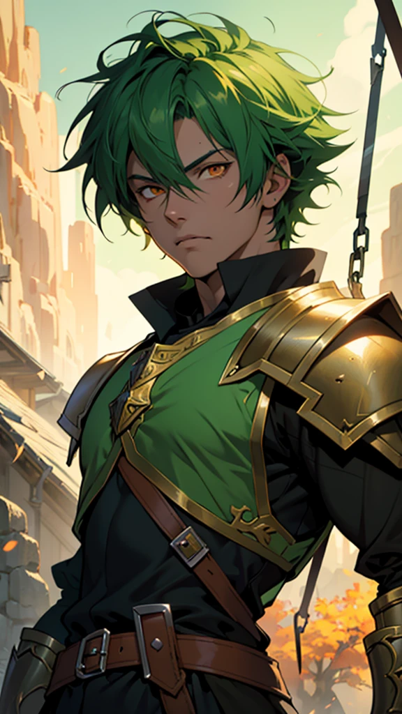 A 22 year old fantasy anime style man with orange eyes and short very wild tarnished green colored hair, sword mid swing, wearing knight armor, highly detailed, 8k, masterpiece, cinematic lighting, epic fantasy, fantasy art, digital painting, concept art, anime