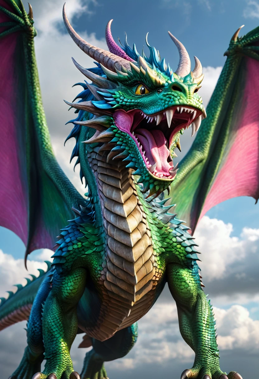 A huge green and blue dragon, angry expression, wings spread in flight, pink underside of wings, mouth open, grey cloudy sky, blurred background, (best quality,4k,8k,highres,masterpiece:1.2),ultra-detailed,(realistic,photorealistic,photo-realistic:1.37),fantasy,digital painting,dramatic lighting,cinematic composition,highly detailed scales,sharp focus,intricate details,vibrant colors