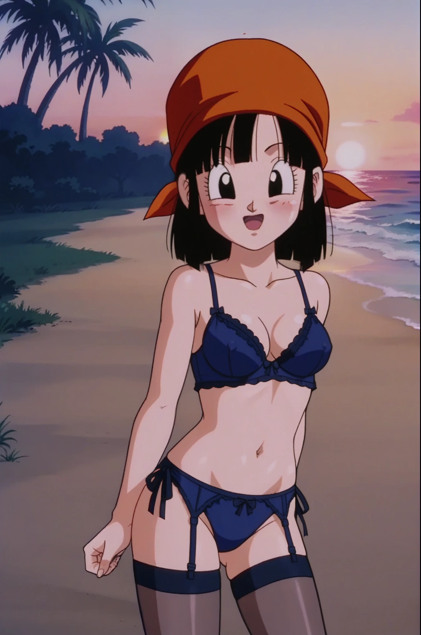 source_anime, score_9, score_8_up, score_7_up, anime screencap,
pangt, 1girl, bangs, blushing, sexy face, grass, black hair, sunset, Watching the sunset, beach in open sea sunset, sun, collarbone, whole body, teeth, blunt bangs, outdoors, black eyes, eyelashes, upper teeth only, retro artstyle, , 1990s \(style\), orange headwear, underwear, lengerie, lingerie, mesh stockings, transparent tights, melancholic, thoughtful, hand on the chin, medium ass, breasts, sexy