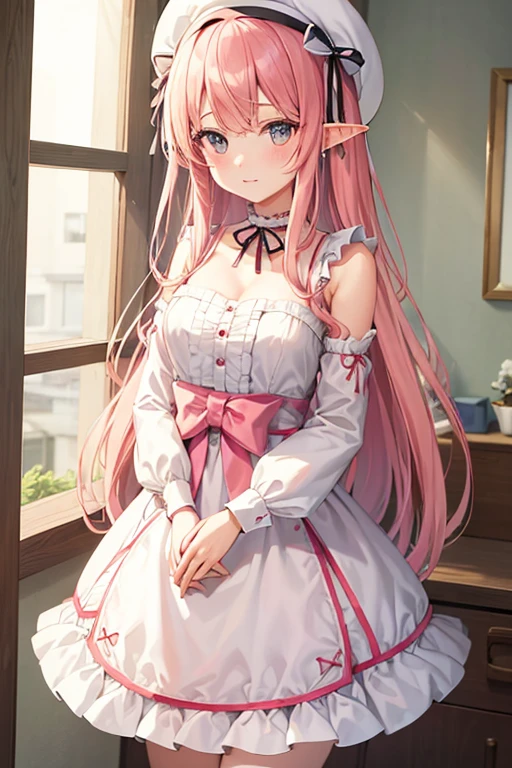 (masterpiece:1.2), (Highest quality:1.2), Perfect Eyes, Perfect Face, Perfect lighting, One girl, Standing with your hands in front of you,Long Hair, Complicated hairstyle,peach色がベースでブラウスが白のシルクドレス, Frills, ribbon, Puff sleeves, Exposing shoulders, Lace choker, jewelry, peaceful, quiet, Chill,Humanoid pink female squid girl,Elfの王女,White big modern hat,,Elf,ピンクのサイドribbon,お尻に大きなribbon(peach),Pink Hair,