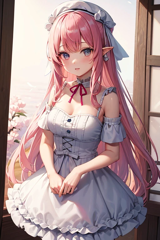 (masterpiece:1.2), (Highest quality:1.2), Perfect Eyes, Perfect Face, Perfect lighting, One girl, Standing with your hands in front of you,Long Hair, Complicated hairstyle,peach色がベースでブラウスが白のシルクドレス, Frills, ribbon, ???? sleeves, Exposing shoulders, Lace choker, jewelry, peaceful, quiet, Chill,Humanoid pink female squid girl,Elfの王女,White big modern hat,14-year-old girl,Elf,ピンクのサイドribbon,お尻に大きなribbon(peach),Pink Hair,