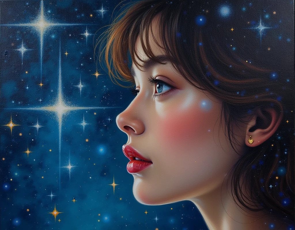 an oil painting of a young woman eyes as she is looking into the infinite stars in the night sky the stars are ((reflected in her eyes: 1.5)), a beautiful mature woman, dynamic hair color, dynamic skin complexion, wearing dynamic dress, looking into the stars, the stars are reflected in her eyes, night sky, many, many shining stars, various colors stars,  vibrant, Ultra-high resolution, High Contrast, (masterpiece:1.5), highest quality, Best aesthetics), best details, best quality, highres, 16k, [ultra detailed], masterpiece, best quality, (extremely detailed)