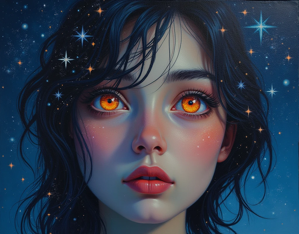 an oil painting of a young woman eyes as she is looking into the infinite stars in the night sky the stars are ((reflected in her eyes: 1.5)), a beautiful mature woman, dynamic hair color, dynamic skin complexion, wearing dynamic dress, looking into the stars, the stars are reflected in her eyes, night sky, many, many shining stars, various colors stars,  vibrant, Ultra-high resolution, High Contrast, (masterpiece:1.5), highest quality, Best aesthetics), best details, best quality, highres, 16k, [ultra detailed], masterpiece, best quality, (extremely detailed)